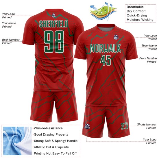 Red Sports Lightning Uniform Custom Kelly Jersey Soccer Green-White Sublimation Red Sports Lightning Uniform Custom Kelly Jersey Soccer Green-White Sublimation