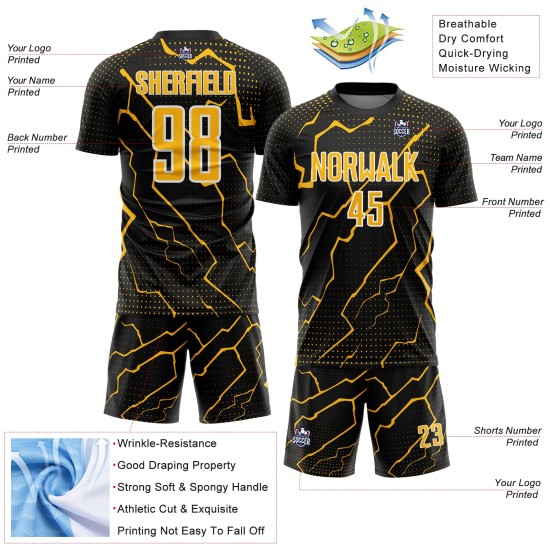 Gold-White Lightning Soccer Custom Uniform Black Sublimation Jersey Sports Gold-White Lightning Soccer Custom Uniform Black Sublimation Jersey Sports