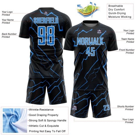 Sublimation Powder Custom Soccer Uniform Sports Lightning Blue-White Jersey Black Sublimation Powder Custom Soccer Uniform Sports Lightning Blue-White Jersey Black